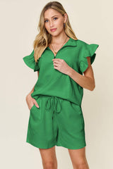 Double Take Full Size Texture Flounce Sleeve Top and Drawstring Shorts Set - Trendsi - Flyclothing LLC