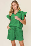 Double Take Full Size Texture Flounce Sleeve Top and Drawstring Shorts Set - Trendsi - Flyclothing LLC