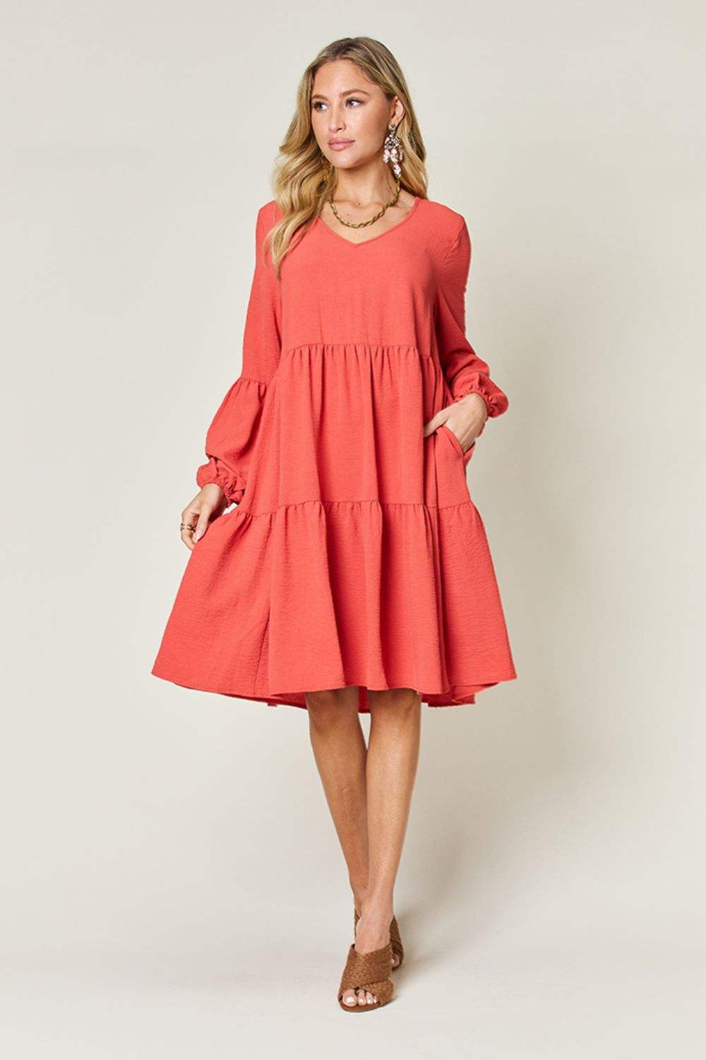 Double Take Full Size V-Neck Balloon Sleeve Tiered Dress - Trendsi - Flyclothing LLC