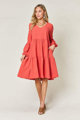 Double Take Full Size V-Neck Balloon Sleeve Tiered Dress - Trendsi - Flyclothing LLC