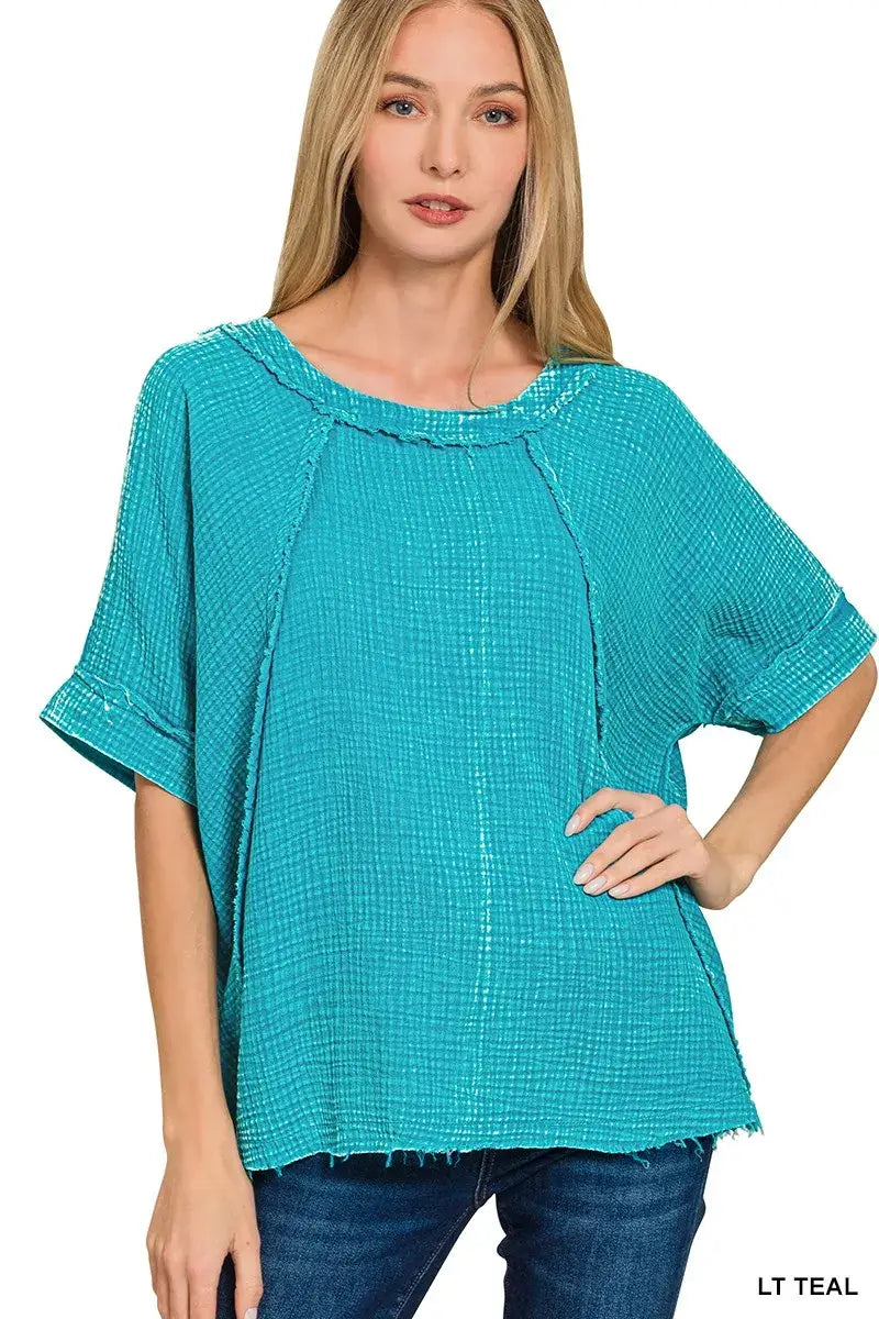 Zenana Washed Double Gauze Exposed Seam Short Sleeve Top - Trendsi - Flyclothing LLC