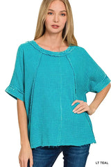 Zenana Washed Double Gauze Exposed Seam Short Sleeve Top - Trendsi - Flyclothing LLC