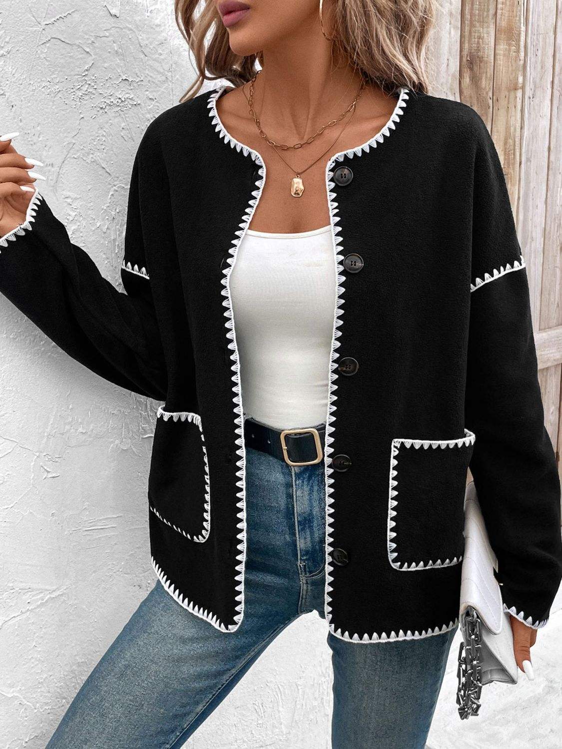 Perfee Pocketed Contrast Button Up Jacket - Trendsi - Flyclothing LLC