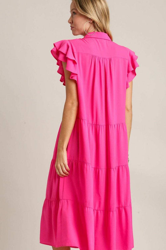 Umgee Full Size Johnny Collar Ruffle Cap Sleeve Tiered Dress Plus Size - Trendsi - Flyclothing LLC