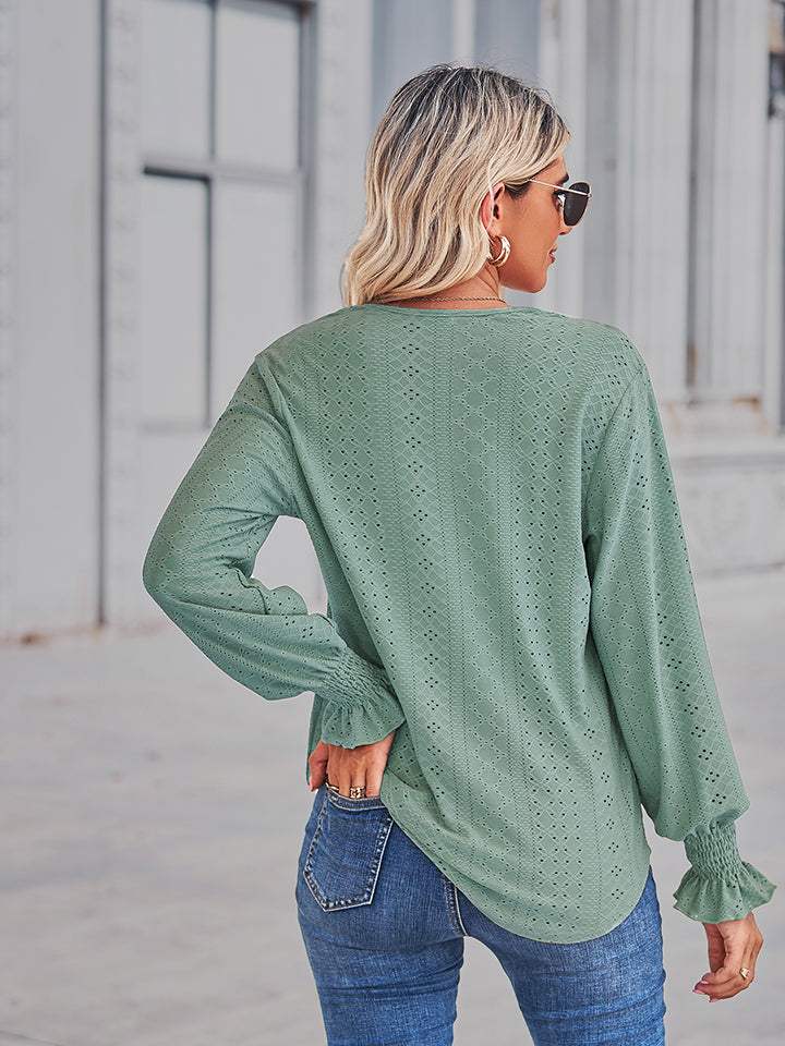 V-Neck Eyelet Flounce Sleeve Blouse - Trendsi - Flyclothing LLC