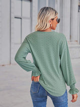 V-Neck Eyelet Flounce Sleeve Blouse - Trendsi - Flyclothing LLC