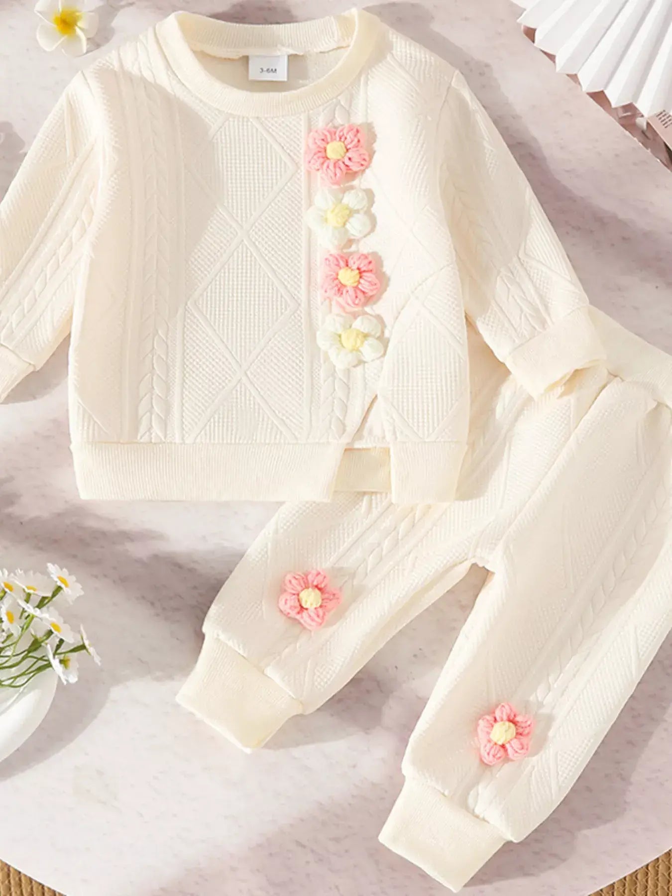 Children's Flower Textured Top and Pants Set - Trendsi - Flyclothing LLC