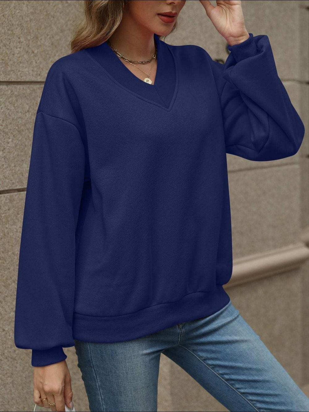 V-Neck Long Sleeve Dropped Shoulder Sweatshirt - Trendsi - Flyclothing LLC