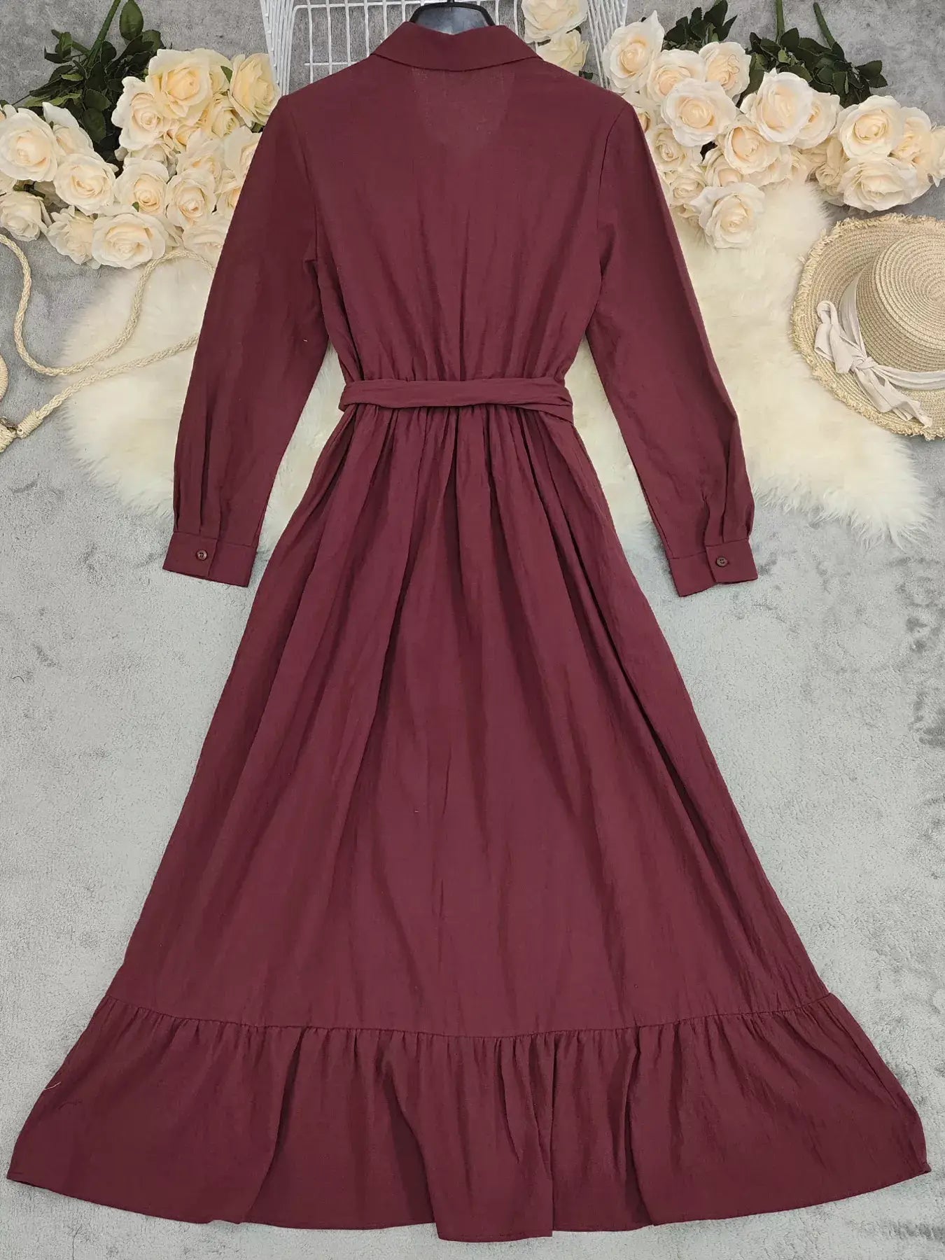 Tie Waist Long Sleeve Ruffled Hem Dress - Trendsi - Flyclothing LLC