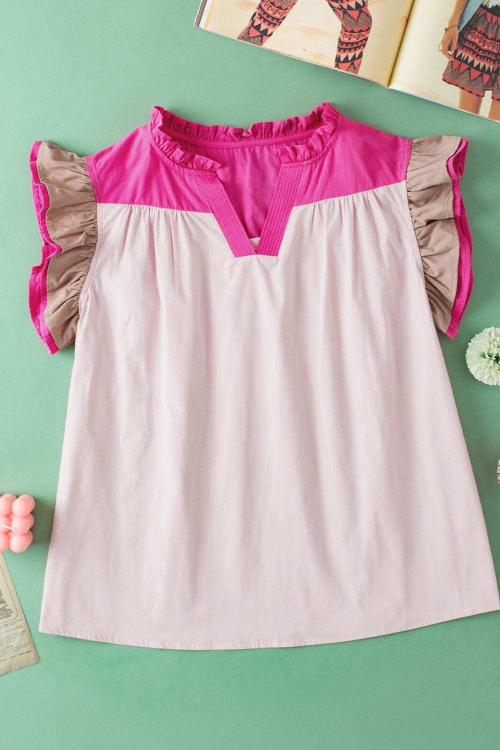 Color Block Notched Ruffled Cap Sleeve Blouse - Trendsi - Flyclothing LLC