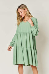 Double Take Full Size V-Neck Balloon Sleeve Tiered Dress - Trendsi - Flyclothing LLC