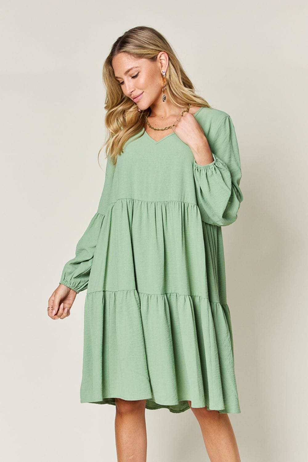Double Take Full Size V-Neck Balloon Sleeve Tiered Dress - Trendsi - Flyclothing LLC