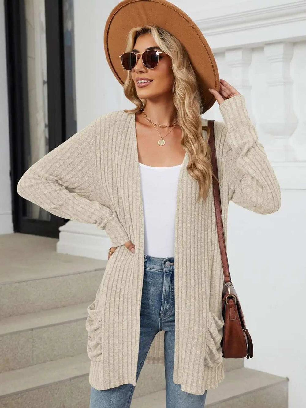 Pocketed Open Front Long Sleeve Cardigan - Trendsi - Flyclothing LLC
