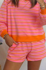 Stripe Color Block Trim Long Sleeve Pullover Pocketed Shorts 2pcs Set - Trendsi - Flyclothing LLC