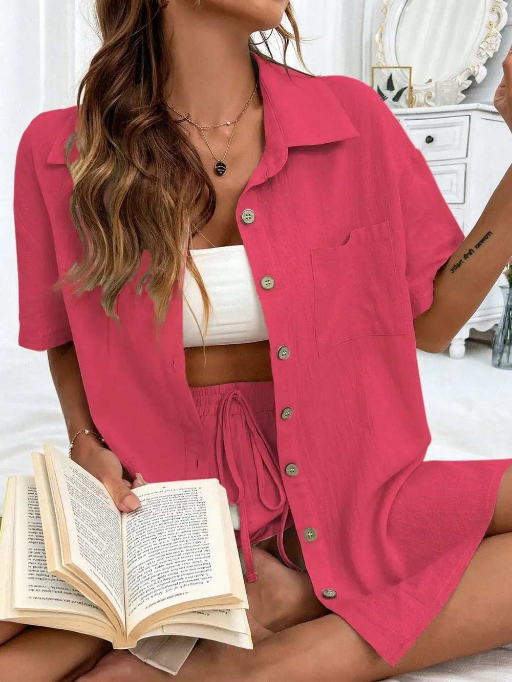Button Up Half Sleeve Top and Shorts Set - Trendsi - Flyclothing LLC