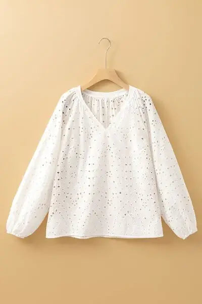 Eyelet V-Neck Long Sleeve Blouse - Trendsi - Flyclothing LLC