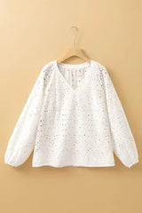 Eyelet V-Neck Long Sleeve Blouse - Trendsi - Flyclothing LLC
