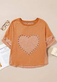 Stud Heart Patch Round Neck Short Sleeve T-Shirt - Trendsi - Flyclothing LLC