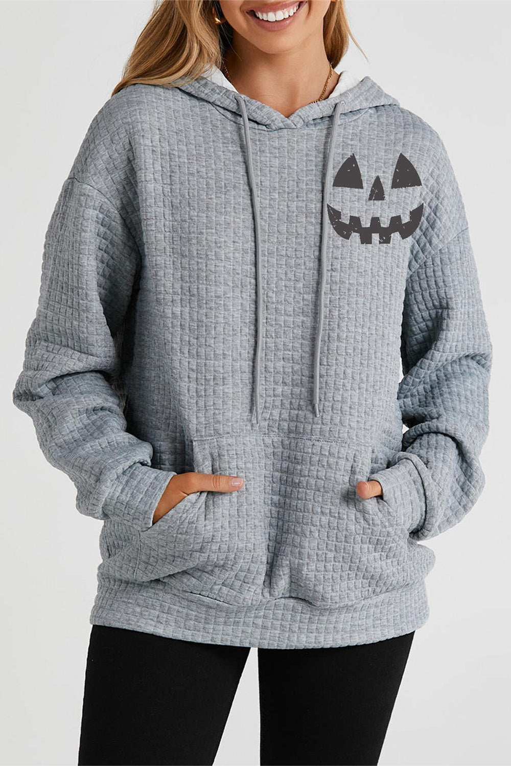 Pumpkin Face Graphic Drawstring Hoodie with Pocket - Trendsi - Flyclothing LLC