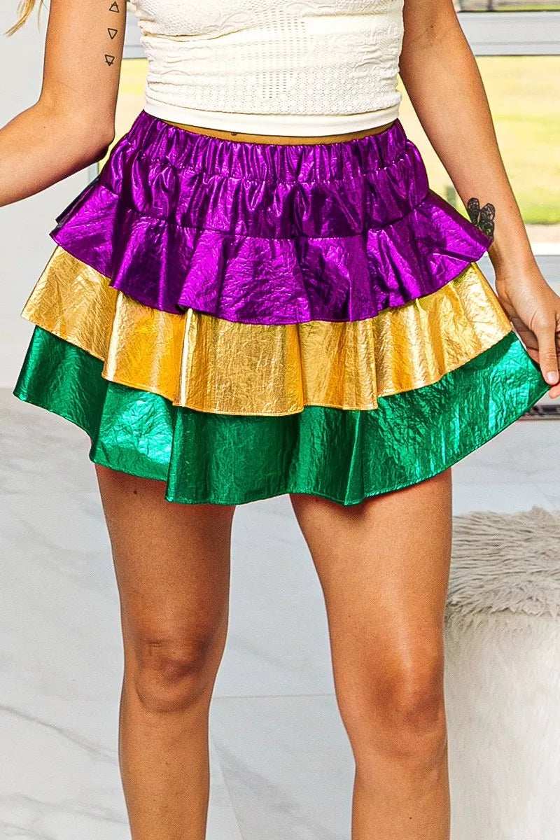 BiBi Mardi Gras Color Block Metallic Tiered Skirt - Trendsi - Flyclothing LLC