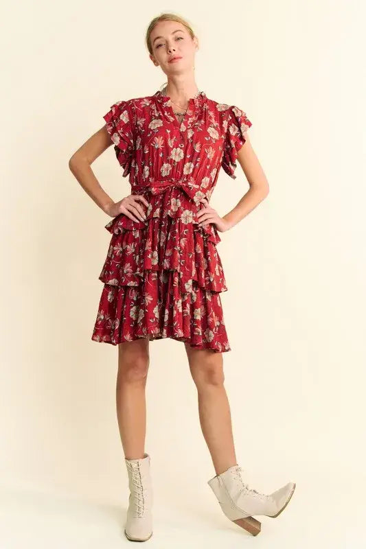 Davi & Dani Ruffle Flutter Sleeve Tie Belt Tiered Mini Dress - Trendsi - Flyclothing LLC