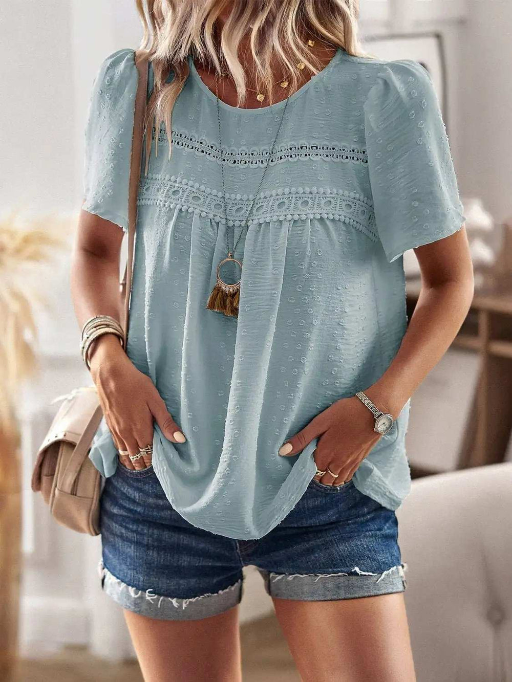 Lace Detail Round Neck Short Sleeve Blouse - Trendsi - Flyclothing LLC