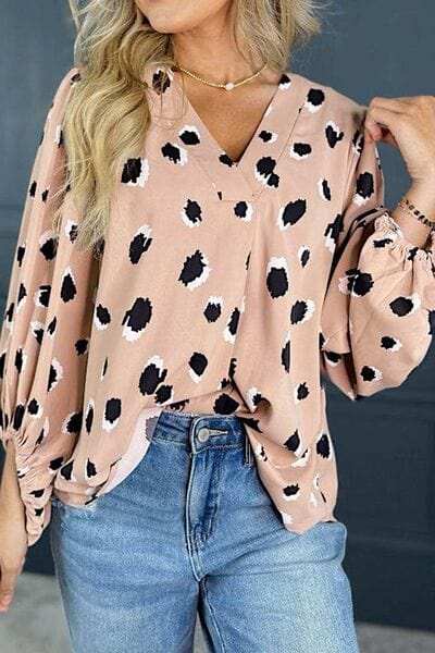 Contrast Animal Print V-Neck Long Sleeve Blouse - Trendsi - Flyclothing LLC