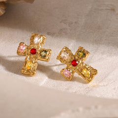 18K Gold-Plated Zircon Cross Earrings - Trendsi