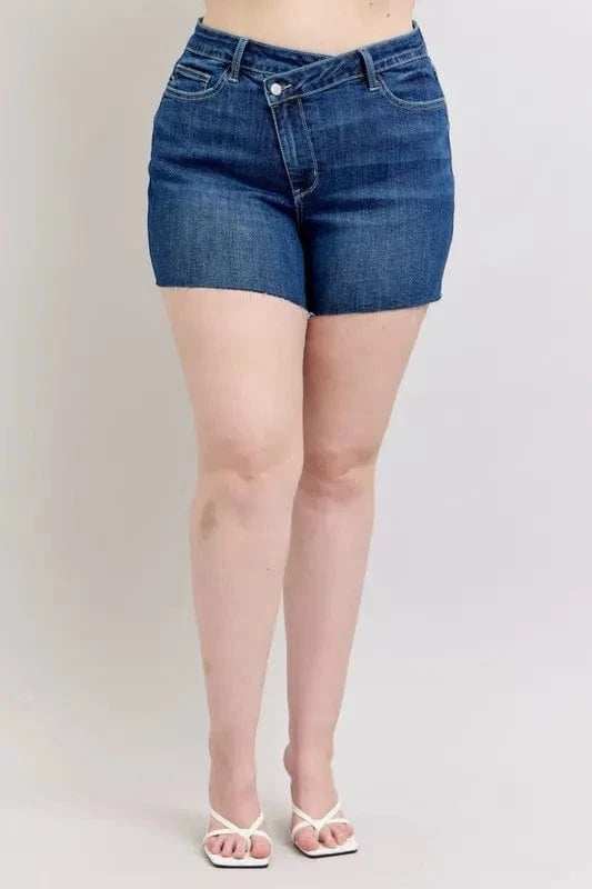 Judy Blue Full Size High Waist Criss-Cross Waistband Denim Shorts Plus Size - Trendsi - Flyclothing LLC