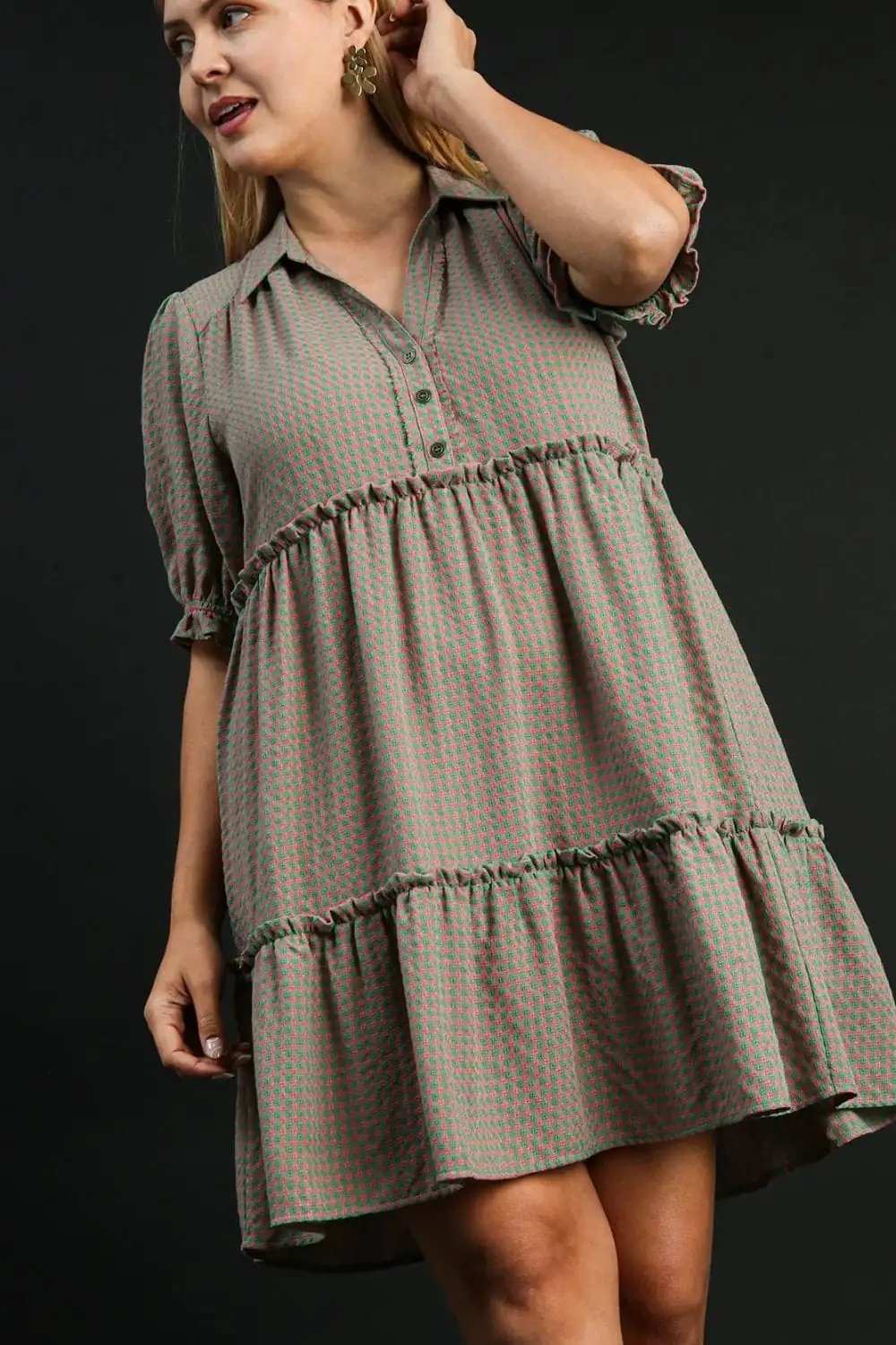 Umgee Full Size Plaid Frill Button Detail Ruffled Short Sleeve Dress Plus Size - Trendsi - Flyclothing LLC