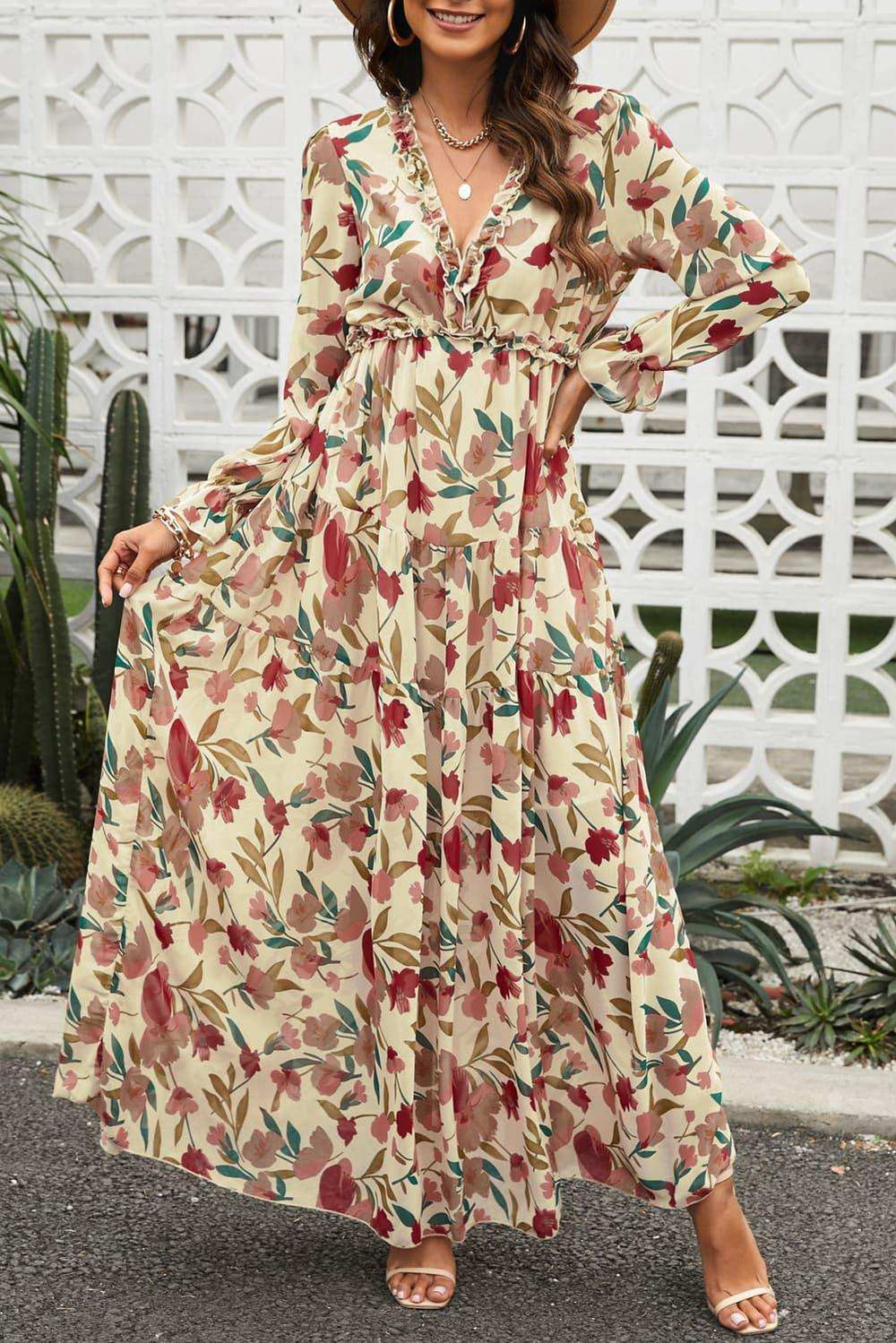 Floral Frill Trim Flounce Sleeve Plunge Maxi Dress - Trendsi - Flyclothing LLC