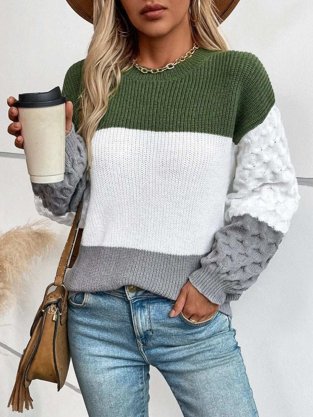 Color Block Round Neck Long Sleeve Sweater - Trendsi - Flyclothing LLC