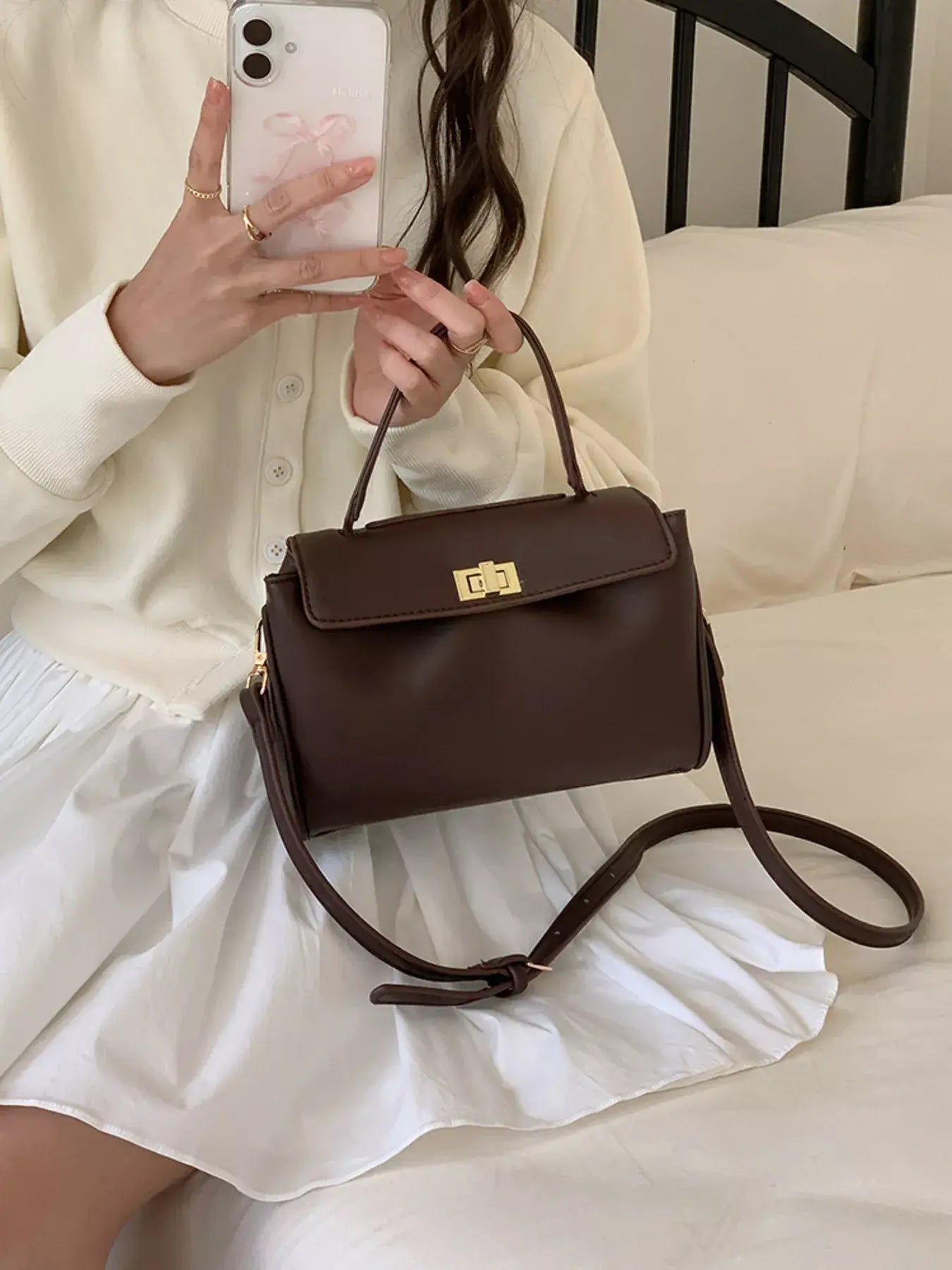 Golden Clasp Leather Crossbody Bag - Trendsi - Flyclothing LLC