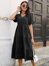 V-Neck Short Sleeve Midi Dress - Trendsi - Flyclothing LLC