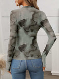 Printed Mock Neck Long Sleeve Mesh T-Shirt - Trendsi - Flyclothing LLC