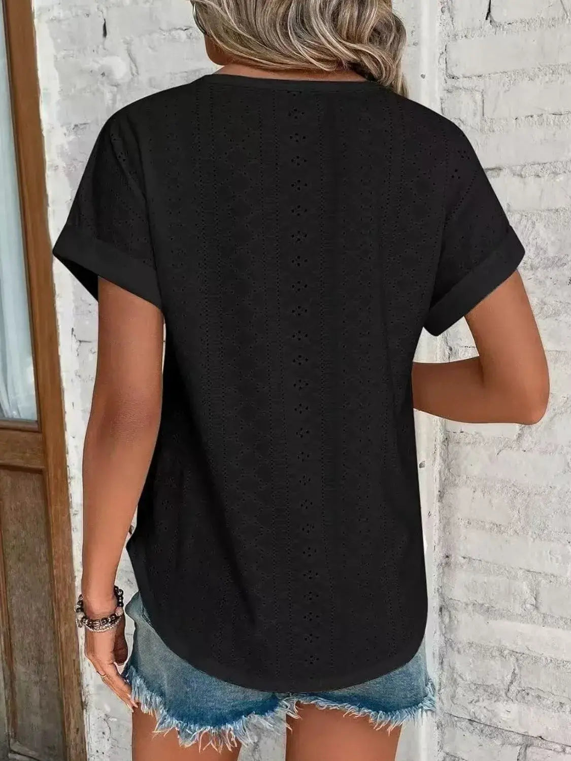 Eyelet Round Neck Short Sleeve T-Shirt - Trendsi - Flyclothing LLC