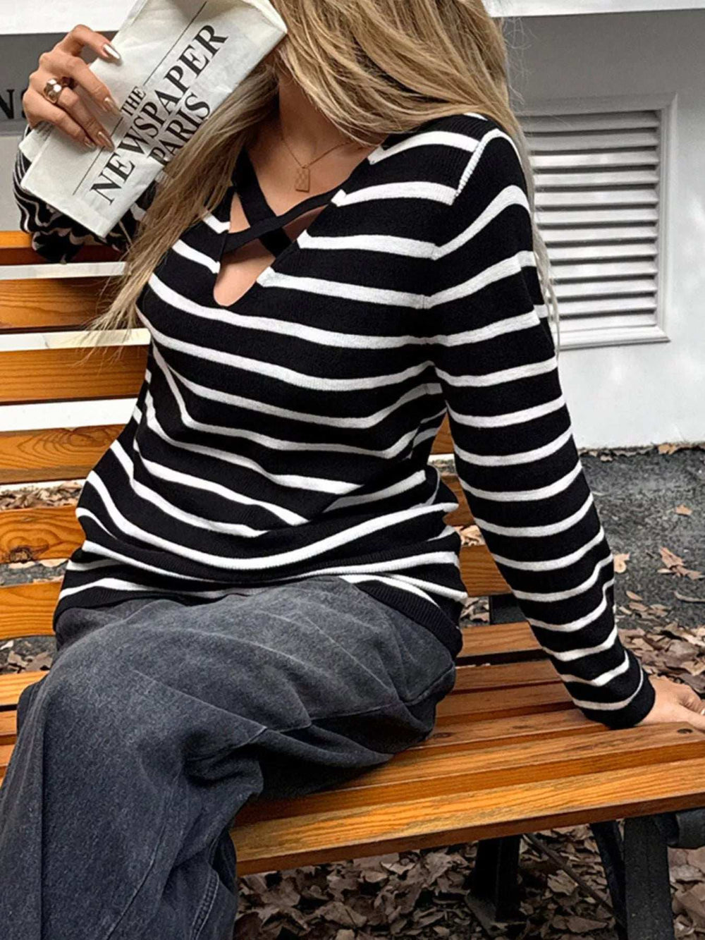 Striped Cross Front Long Sleeve Knit Top - Trendsi - Flyclothing LLC
