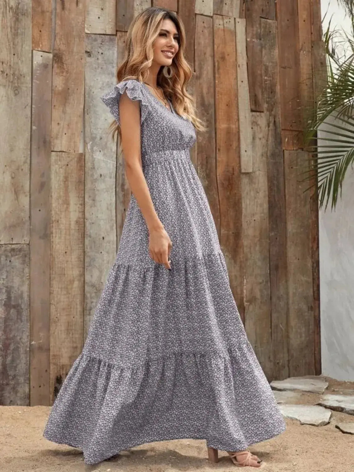 Printed V-Neck Ruffled Cap Sleeve Maxi Dress - Trendsi - Flyclothing LLC