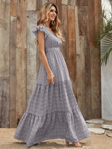 Printed V-Neck Ruffled Cap Sleeve Maxi Dress - Trendsi - Flyclothing LLC