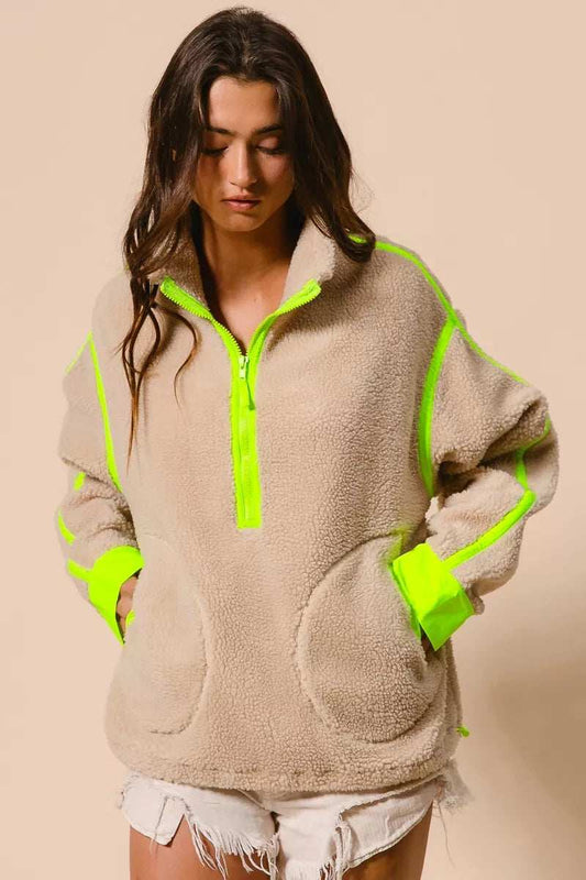 BiBi Contrast Edge Half Zip Up Sherpa Jacket - Trendsi - Flyclothing LLC