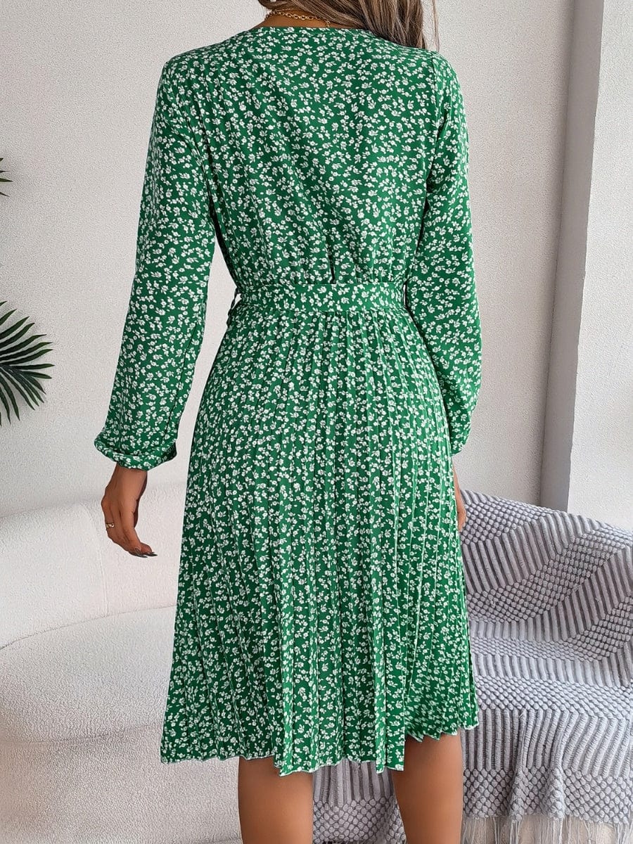 Ditsy Floral Tie Waist Pleated Dress - Trendsi
