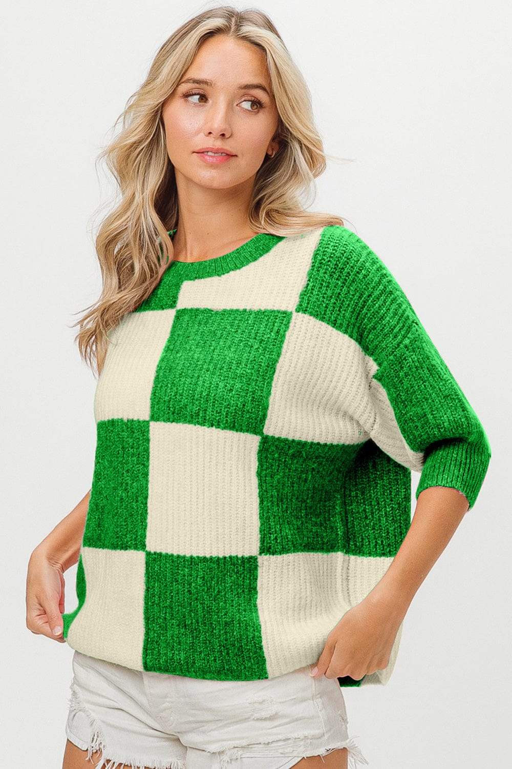 BiBi Checkered Contrast Round Neck Sweater - Trendsi - Flyclothing LLC