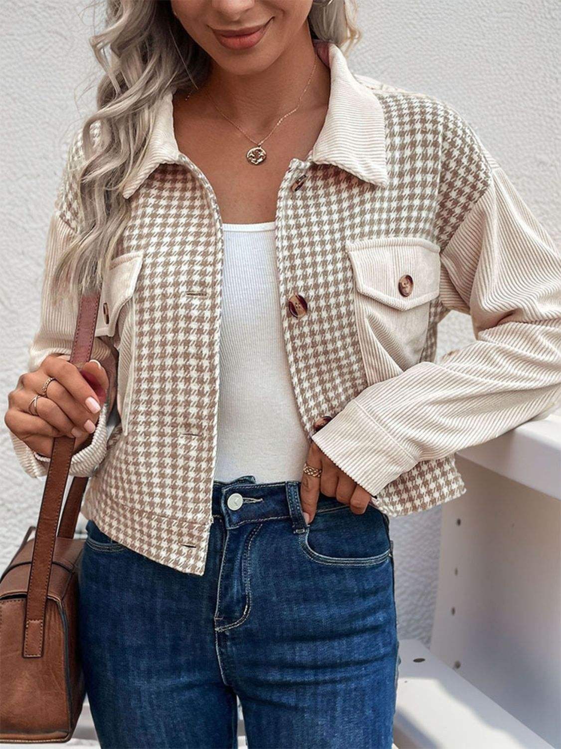 Pocketed Houndstooth Long Sleeve Jacket - Trendsi - Flyclothing LLC