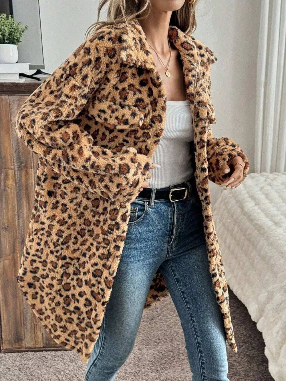 Leopard Button Up Long Sleeve Fuzzy Coat - Trendsi - Flyclothing LLC