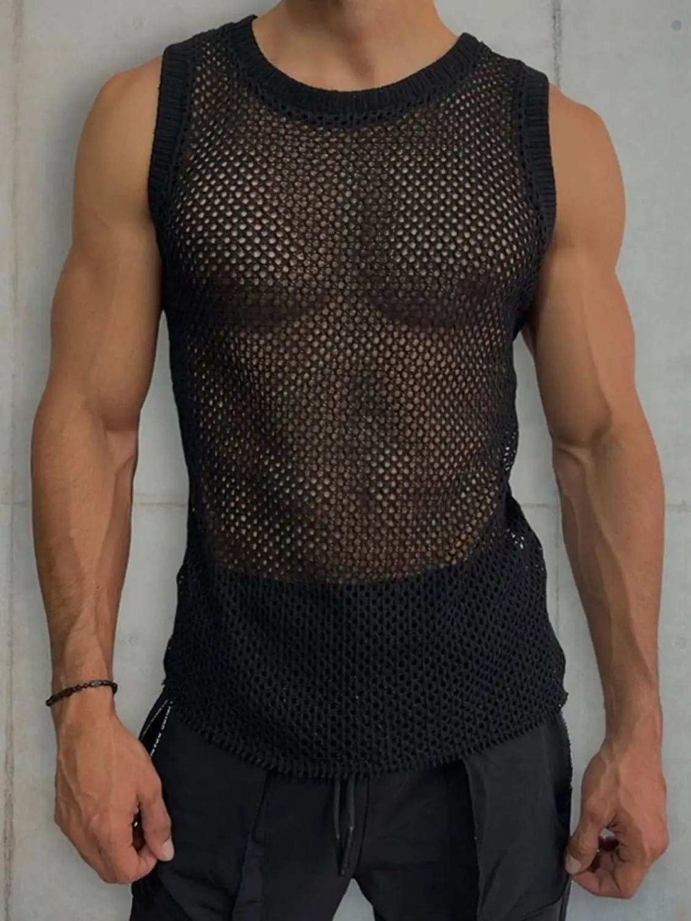 Men's Round Neck Hollow Out Sleeveless Knit Top - Trendsi - Flyclothing LLC
