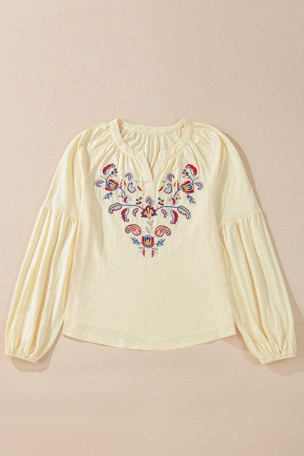 Embroidered Notched Long Sleeve Blouse - Trendsi - Flyclothing LLC