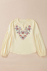 Embroidered Notched Long Sleeve Blouse - Trendsi - Flyclothing LLC