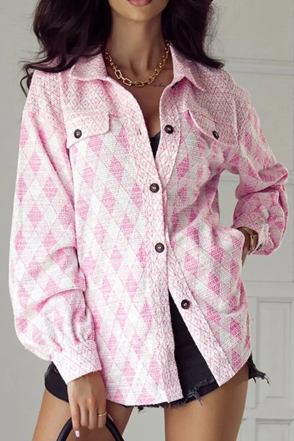 Geometric Print Textured Flap Pocket Shacket - Trendsi - Flyclothing LLC