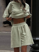 Pocketed Round Neck Half Sleeve Top and Shorts Set - Trendsi - Flyclothing LLC