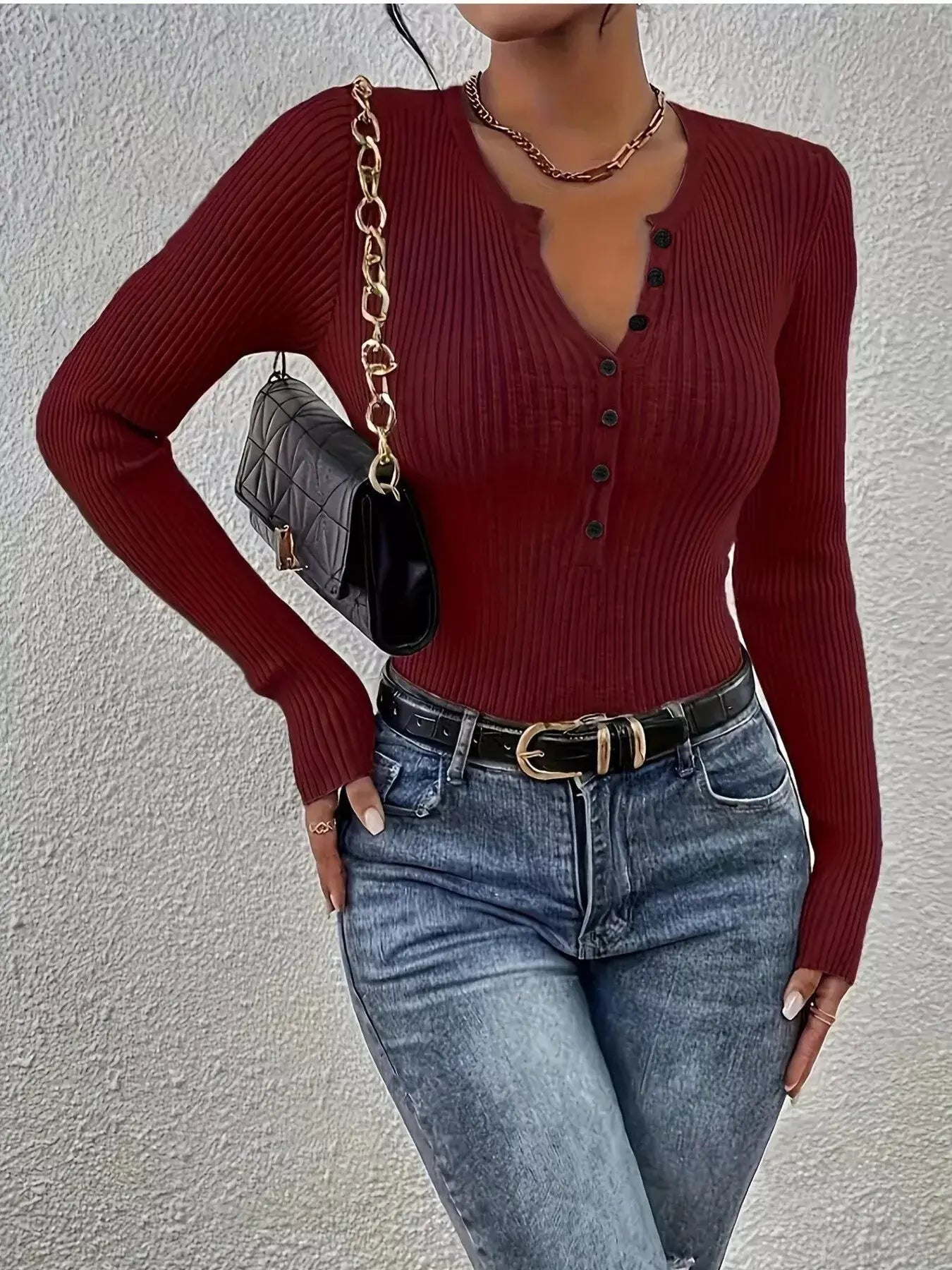 Ribbed Knit Button Front Knit Top - Trendsi - Flyclothing LLC